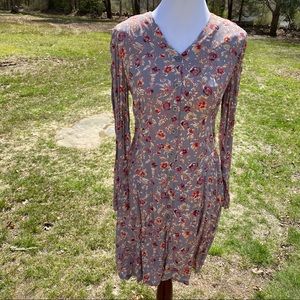 ADINI DRESS VINTAGE GRAY WHITE RED FLORAL V-NECK LONG SLEEVE BUTTON FRONT Size M